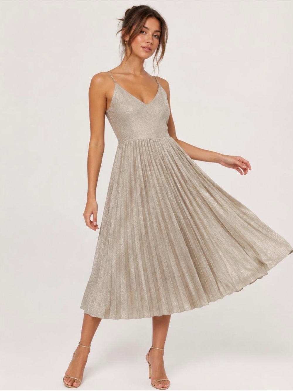 Adelyn Rae Metallic Champagne Pleated Midi Dress - Size Small